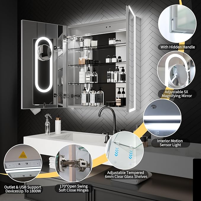 ExBrite 30 x 32 Lighted Medicine Cabinet with Mirror, Front&Backlit led Medicine Cabinet,Defog,5X Magnifier,3 Colors Temper Dimmable,Surface or Recessed Mount,Door Wide Open