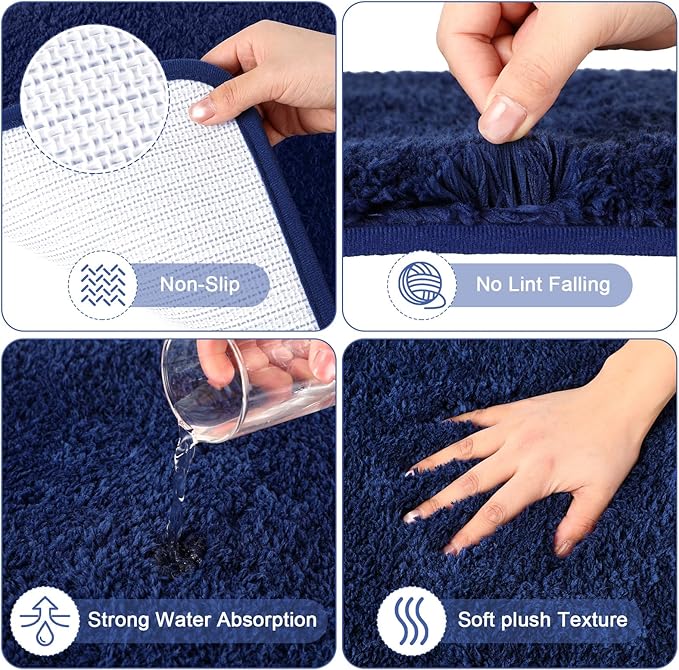 Fanfanwin 3 Pcs Bathroom Curtain Sets with Shower Rug and Towel Waterproof Shower Curtain Non Slip Bathroom Rug Bath Mat Soft Hand Towel with 12 Hooks for Hotel Decor(Navy Blue)