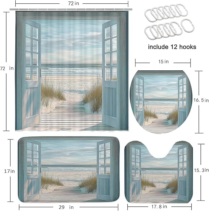 4 Pcs Blue Beach Barn Door Shower Curtain Set, Rustic Country Ocean Coastal Seaside Scenery Decor Bathroom Rug Sets, Retro Teal Wood Non Slip Rugs Toilet Lid Cover Bath Mat with Hooks