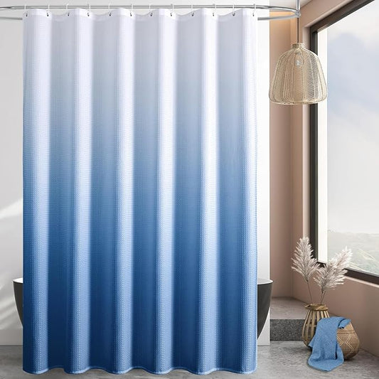 MitoVilla Blue Ombre Waffle Fabric Shower Curtain, Light Blue Waffle Weave Textured Shower Curtains for Luxury Bathroom Decor, Modern Weighted Bathroom Shower Curtain, 72 x 72