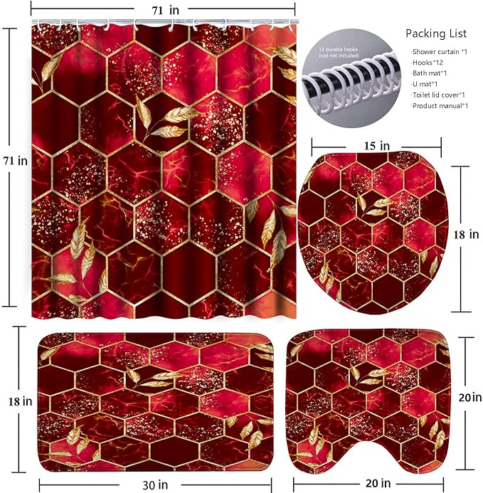 Poedist 4 Pcs Bathroom Shower Curtain Set,Red Honeycomb Marble Bathroom Sets with Rugs(Bath Mat,U Shape and Toilet Lid Cover Mat) and 12 Durable Hooks
