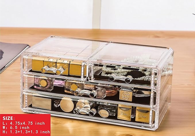 Cq acrylic 4 Pack Clear Makeup Organizer Countertop,Stackable 11 Drawers Skincare Organizer,Cute Skin Care Organizer for Vanity Hair Clip,Jewelry,Beauty Product Desk and Make Up Organizers for Vanity