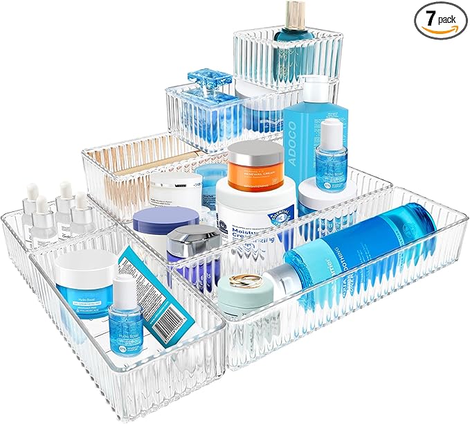 7 PCS Clear Drawer Organizers Bins, 4-Size Stackable Makeup Vanity Drawer Organizer Trays, Acrylic Bathroom Drawer Organizer Storage Containers for Cosmetic,Office Supply