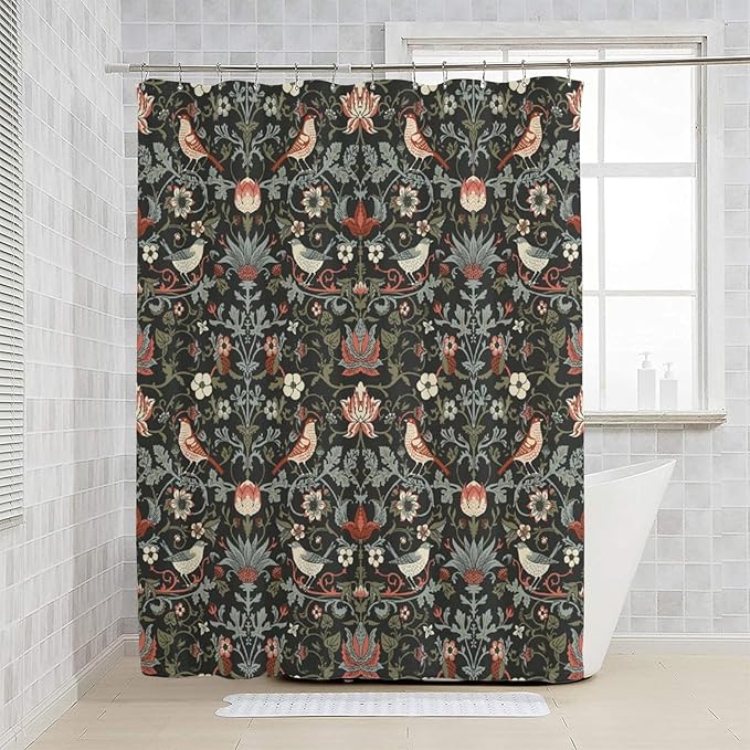 Boho Shower Curtain William Morris Art Print Retro Bird Plant Natural Flower Pattern Print Shower Curtains 72""×72"" Inch, Style-2