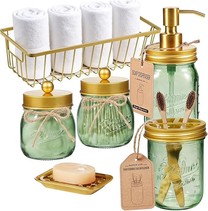 SheeChung Green Bathroom Accessories Set, 6Pcs Mason Jar Glass Bathroom Set, Lotion Soap Dispenser, Toothbrush Holder, Qtip Holder, Soap Dish, Metal Wire Basket, Rustic Farmhouse Bathroom Decor-Gold