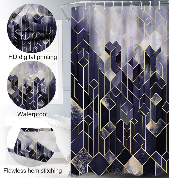 Lnond 4Pcs Bathroom Sets with Shower Curtain and Rugs, Navy Blue Bathroom Shower Curtain Sets, Navy Blue Gradient Modern Bathroom Decor Sets with Rugs and Accessories
