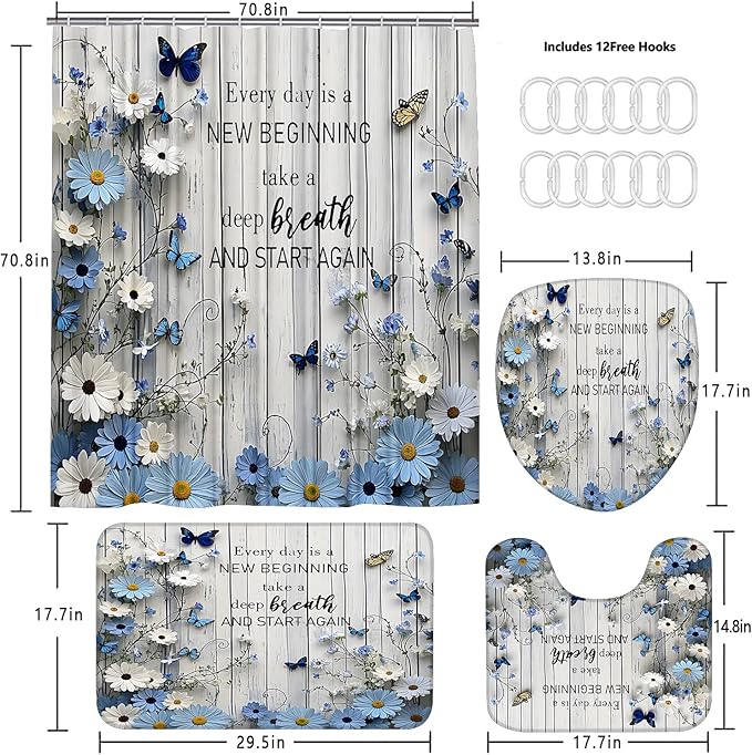 AZHM Blue Daisy Flower Shower Curtain Set 4pcs Rustic Daisy Floral Bathroom Set with Butterfly Accents with Inspirational Quotes Shower Curtain and Rugs
