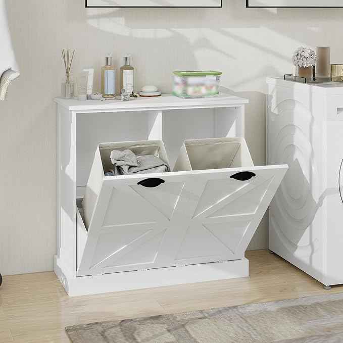 Locsear Laundry Hamper Cabinet with Removable Basket, Double Tilt Out Laundry Hamper, Wood Bathroom Storage, Free Standing Home Organizer, White
