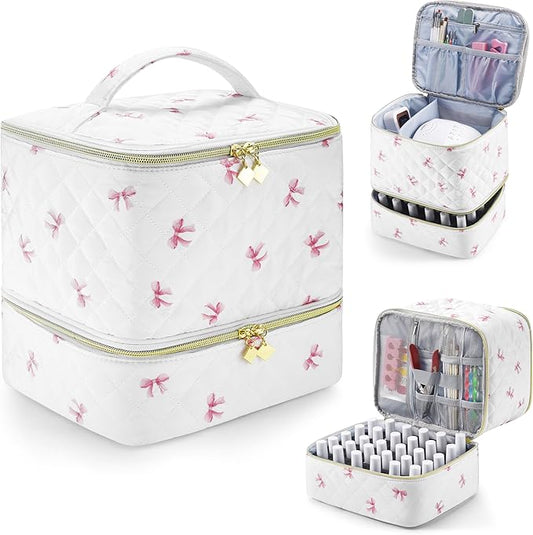 PU Leather Nail Polish Organizer and Nail Lamp Case, Nail Kit Organizer Holds 30+ Bottles (15ml - 0.5 fl.oz) and a Nail Lamp, Nail Polish Carrying Case with Manicure Tools Storage Sections (Pink Bow)