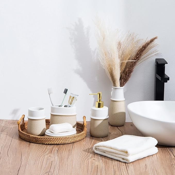 Bathroom Accessories Set,Farmhouse Bathroom Decor,4 Pcs Ceramic Gift Set Apartment Necessities, Contain Toothbrush Cup,Soap Dispenser,Soap Dish,Tumbler,Beige