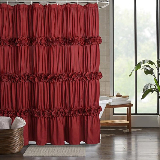 Burgundy Ruffle Shower Curtain, Vintage Handcrafted Bow Tie Bath Curtain for Master Bathroom, Ruched Microfiber Bathroom Curtain with 12 Buttonholes, 72" W x 72" H (LQ-10)