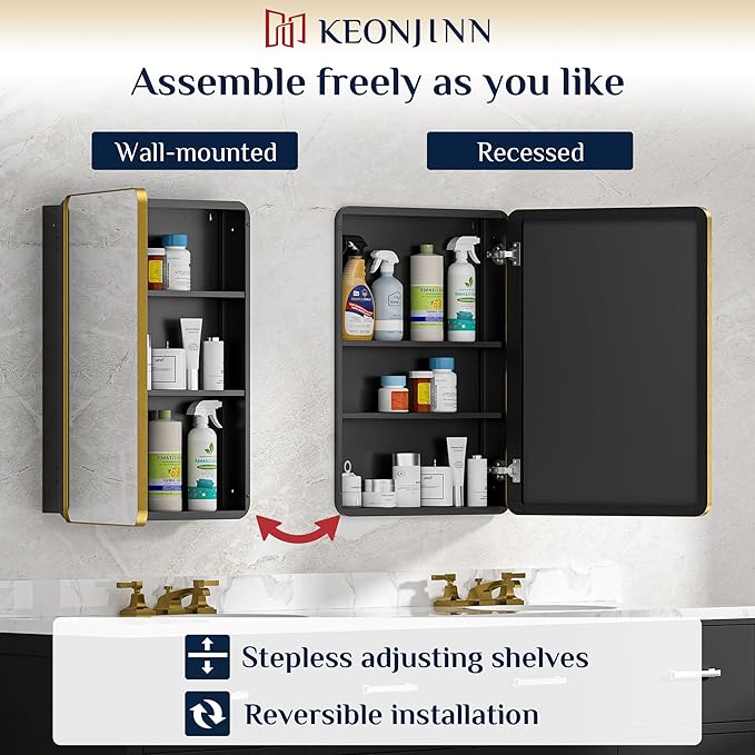 Keonjinn 24 x 32 Inch Gold Recessed Medicine Cabinets, Bathroom Mirrored Medicine Cabinet, Dim Brushed Brass Stainless Steel Framed, DTC Hinges, Stepless Adjustable Shelves, in Wall or Surface Mount