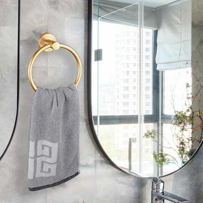 Towel Ring, Bathroom Hardware Accessories, Wall-Mounted Towel Ring, Simple Round Stainless Steel Towel Rack, for Bathroom and Kitchen (Gold 2 Pack)