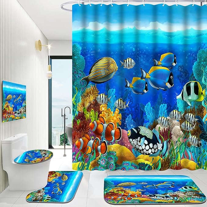 4Pcs Colorful Tropical Fish Bathroom Sets with Shower Curtain and Rugs, Cartoon Ocean Theme Full Bathroom Set, Light Blue Soft Fabric Shower Curtain Set with 12 Pcs Hooks, Set de baño