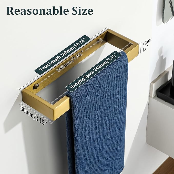 Sayayo Brushed Gold Towel Bar for Bathroom Wall, 10 Inch Hand Towel Holder, Screw or Self Adhesive Towel Ring Square SUS304 Stainless Steel, 3.2 Inch Wider Design