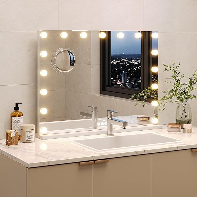 Vanity Mirror with Lights, 32" x 24" Makeup Mirror with Lights, Hollywood Lighted Vanity Mirrors with 15 Dimmable LED Bulbs, 3 Color Modes, Light up Mirror with Touch Control for Bedroom, Tabletop