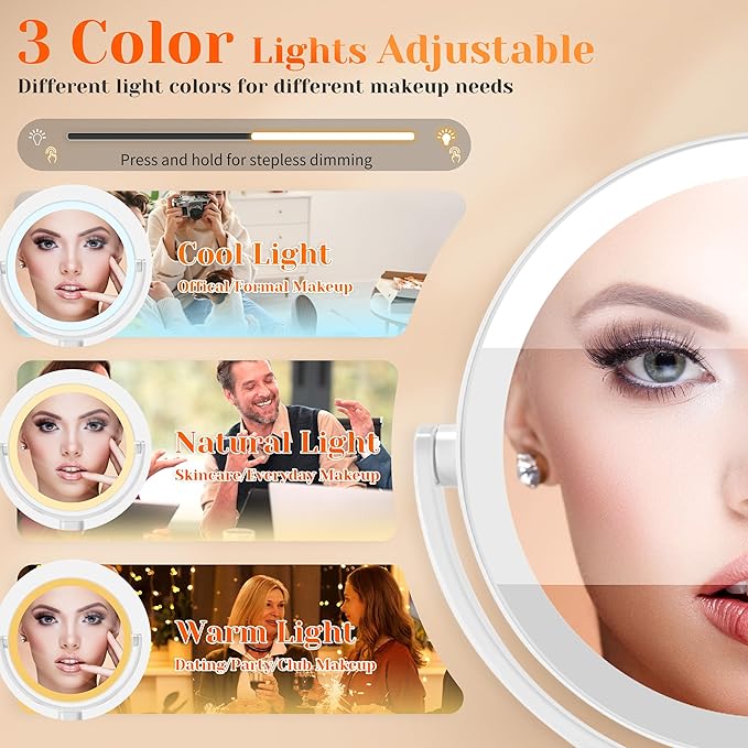 vpu Vanity Makeup Mirror with Lights, 10X/1X Double Sided Magnifying Light up Desk Mirror with Stand Cosmetic Organizer, 3 Color Brightness Adjustable 360° Rotation Detachable for Travel