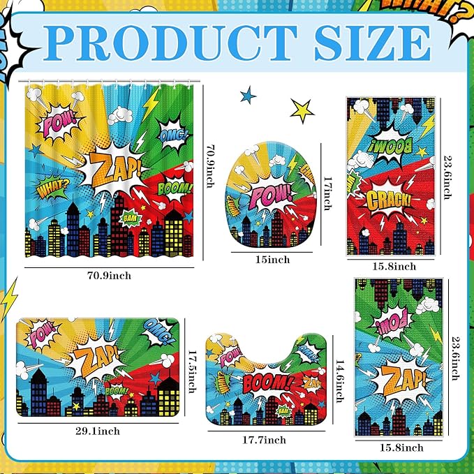 Nuanchu 6 Pcs Hero Themed Shower Curtain Set with Rug Bathroom Sets with Shower Curtain Bath Mat U Shaped Mat Toilet Lid Cover 2 Bath Towels and 12 Hooks Hero Themed Bathroom Decor