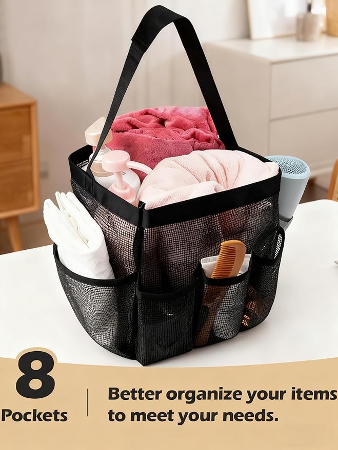 Mesh Shower Caddy Bathroom Portable College Dorm Essentials for Girls Guys Shower Tote Beach Camp Travel Hanging Toiletry Bag Black