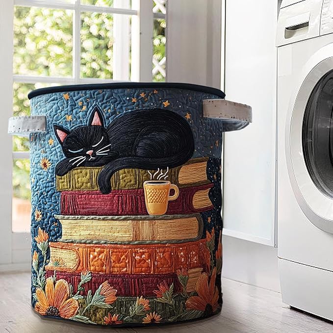 Cute Cat Quilted Laundry Basket with Handles, Boho Floral Fabric Quilted Laundry Basket, Large Soft Collapsible Storage Hamper for Nursery, Bedroom, Bathroom, Clothes & Toy Organization (#02)