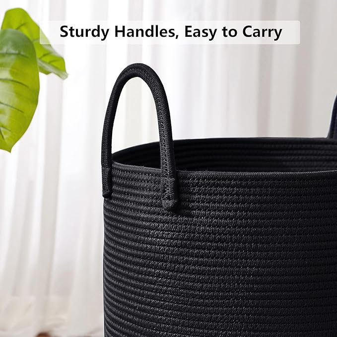80L Black Woven Rope Hamper Laundry Basket for Clothes Tall Modern Blanket Storage Basket in Living Room Bedroom Extra Large 16"L x 16"W x 22"H