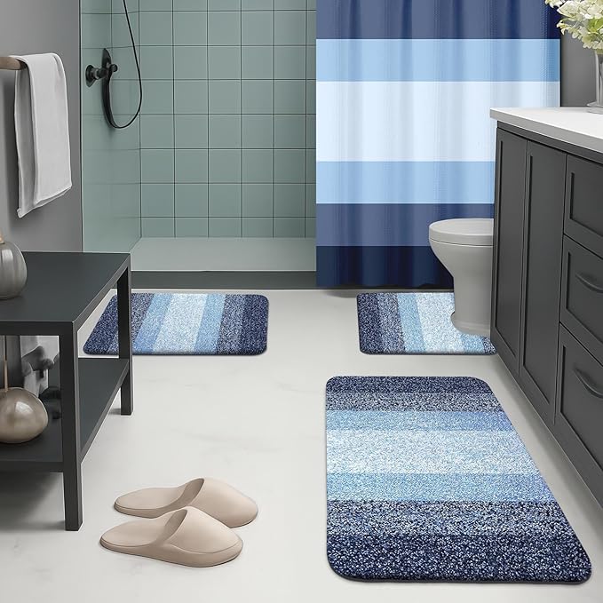 Britimes Navy Blue Stripes Bathroom Sets with Shower Curtain and Rugs, Modern Minimalist Ombre Waterproof Shower Curtain Liner and Soft Non Slip Bath Mat for Bathroom Decor and Accessories Hooks