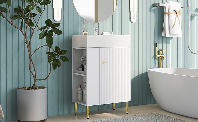 Virubi 21.6 in Small Bathroom Vanity with Sink,Doors and Storage Shelves,Wood Modern Single Fluted Bathroom Sink Cabinet Freestanding (White,Left Shelf)