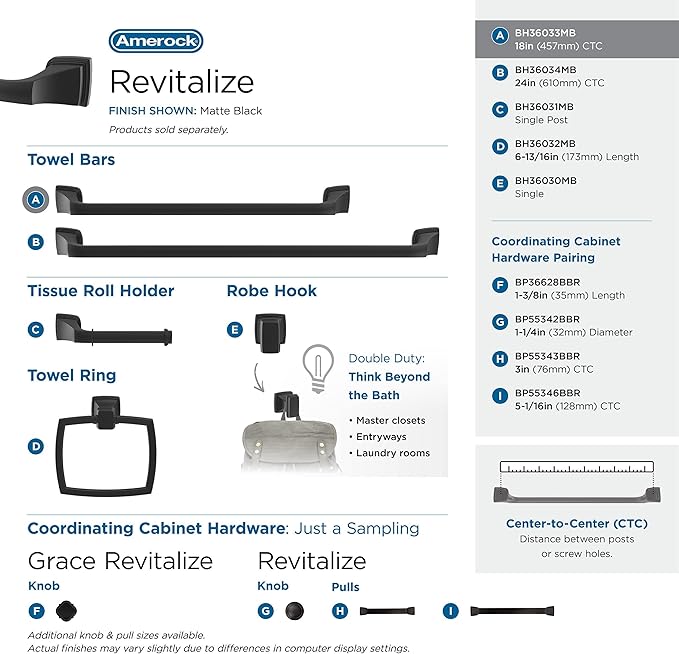 Revitalize Matte Black Traditional 18 in (457 mm) Towel Bar