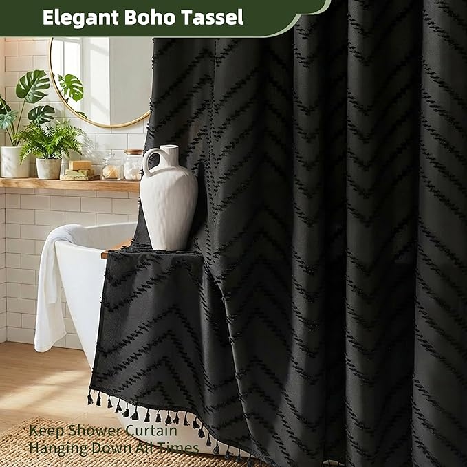 Stall Boho Shower Curtain Black Tassel Woven Fabric Shower Curtain 42 x 72 Modern Farmhouse Textured Tufted Chevron Striped Minimalist Bathroom Shower Curtain