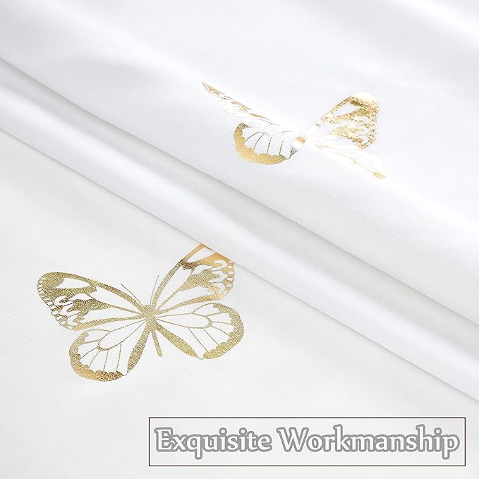 Jubilantex Gold Butterfly Shower Curtain for Bathroom, White Farmhouse Waterproof Bathroom Decorative Rustic Kids Shower Curtain with 12 Rust Proof Grommets for Spa Hotel, 70x72 Inches