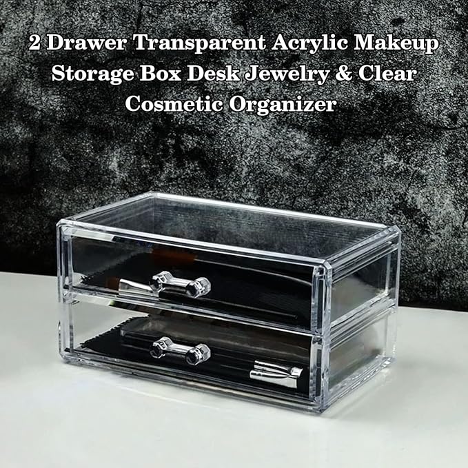 2 Drawer Transparent Acrylic Makeup Storage Box Desk Jewelry & Clear Cosmetic Organizer Vanity Storage Display Box Make Up Organizers and Storage Makeup Stand