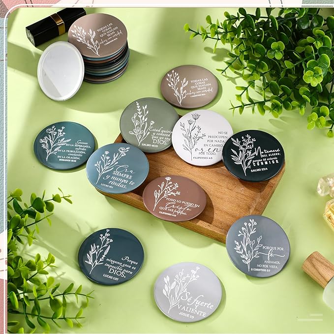 GlikCeil 40 Pcs Christian Compact Mirrors Bulk for Women Inspirational Bible Verse Pocket Mirror Mini Purse Makeup Mirror Christian Church Gift for Mother's Day Mom Church Party Favor (Retro Spanish)
