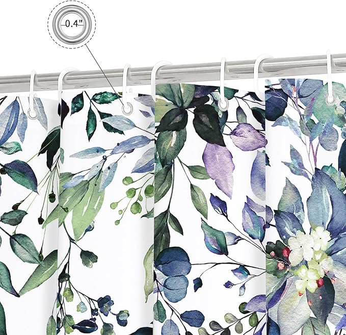 Gibelle Spring Floral Shower Curtain for Bathroom, Watercolor Green Eucalyptus Leaves Plant Shower Curtain Set, Washable Polyester Fabric 72x72 Inch