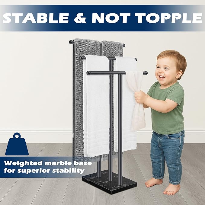 Standing Towel Rack with Marble Base, 3-Tier Free Standing Towel Racks for Bathroom, 40" Height Floor Towel Stand Holder for Bathroom, Black