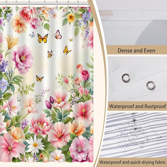 Floral Shower Curtain，Colorful Flower Butterfly Spring Summer Bathroom Decor, Waterproof Cloth Fabric Shower Curtains with 12 Hooks，72" W x 72" L