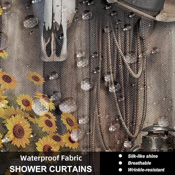 4Pcs Brown Cowboy Shower Curtain Rustic Theme Western Bathroom Set with Non-Slip Rugs, Rustic Farmhouse Shower Curtain with Sunflower and Barn Design, Washable Fabric, 12 Plastic Hooks