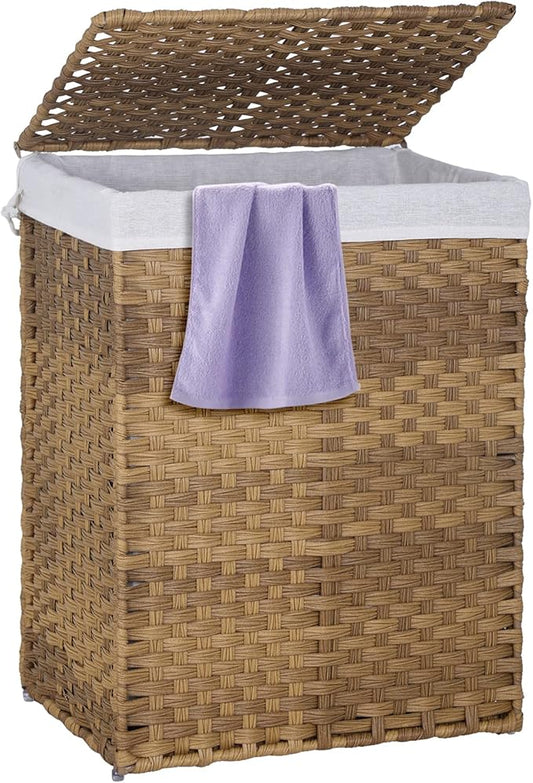 Paylesshere Laundry Basket Handwoven Laundry Hamper 90L/110L Foldable Rattan Hamper With Lid, 2 Removable Liner Bags & 6 Bags,Clothes Bathroom Basket,Natural