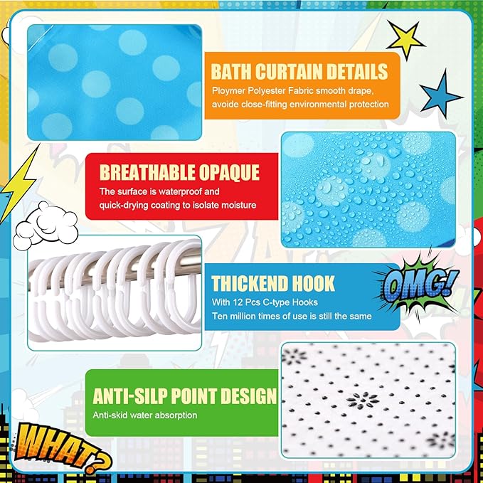 Nuanchu 6 Pcs Hero Themed Shower Curtain Set with Rug Bathroom Sets with Shower Curtain Bath Mat U Shaped Mat Toilet Lid Cover 2 Bath Towels and 12 Hooks Hero Themed Bathroom Decor