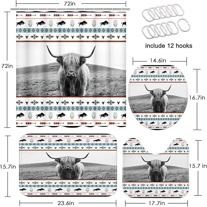 Western Highland Cow Shower Curtain Set with Toilet Lid Cover and Non-Slip Rugs, Tribal Country 4 Pcs Shower Curtain with 12 Hooks, Farmhouse Bathroom Set with Rugs and Accessories