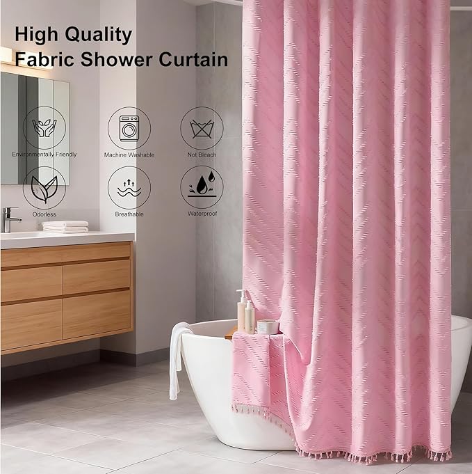 Extra Long Shower Curtains 72 x 78 Inches Tufted Chevron Pink Shower Curtains Fabric for Bathroom Modern Shabby Chic Waterproof Cloth Shower Curtain
