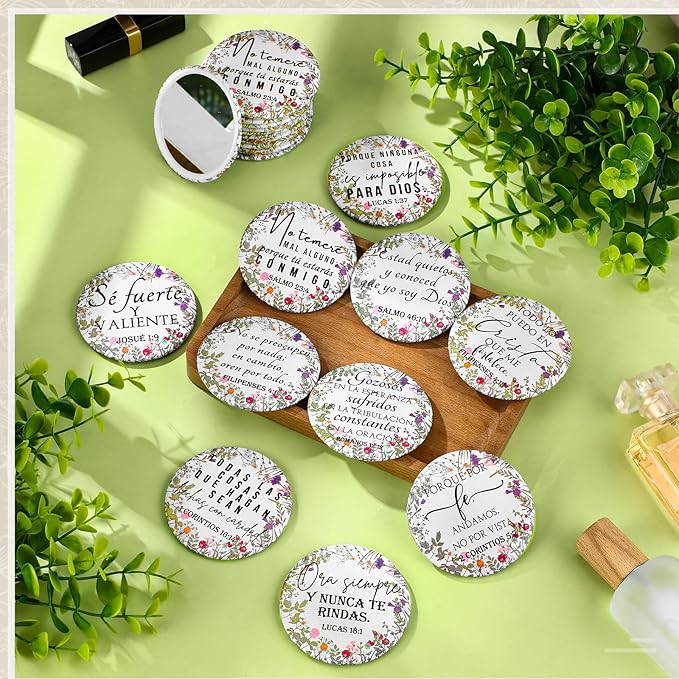 GlikCeil 40 Pcs Christian Compact Mirrors Bulk for Women Inspirational Bible Verse Pocket Mirror Mini Purse Makeup Mirror Christian Church Gift for Mother's Day Mom Church Party Favor (Spanish Bible)
