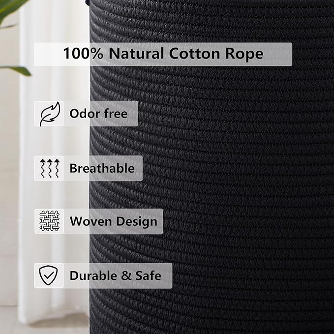 80L Black Woven Rope Hamper Laundry Basket for Clothes Tall Modern Blanket Storage Basket in Living Room Bedroom Extra Large 16"L x 16"W x 22"H