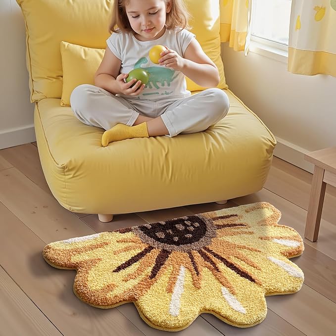 LUMI Floral Bath Mat, Sunflower Bathroom Rug, Soft Plush Fluffy Yellow Bath Mat, Absorbent, Non-Slip for Bathroom, Kitchen Sink, Bedroom, Kid's Bedroom, and Living Room, 24"x43"