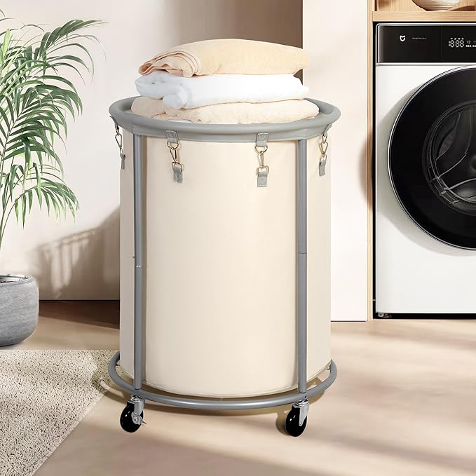 STO STO Rolling Laundry Hamper with Wheels – 185L (48 Gallon) Extra Large Industrial Clothes Laundry Basket with Removable Bag, Round Cart Sorter for Bedroom, Hotel, Beige & Gray