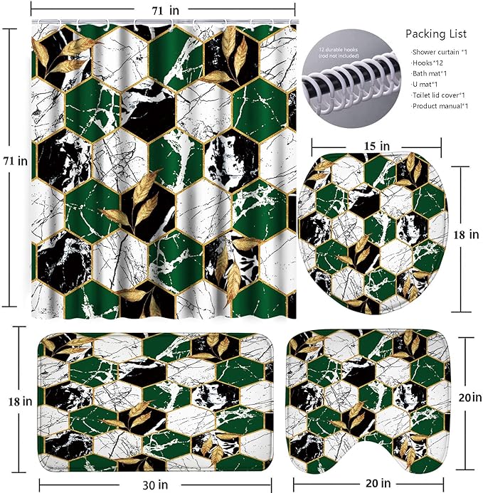 Poedist Shower Curtain Set with Rugs,Bathroom Accessory Set, Including Non-Slip Rugs,Toilet Lid Cover and Bath Mat, Waterproof Shower Curtain with 12 Hooks,Green and White Honeycomb Marble