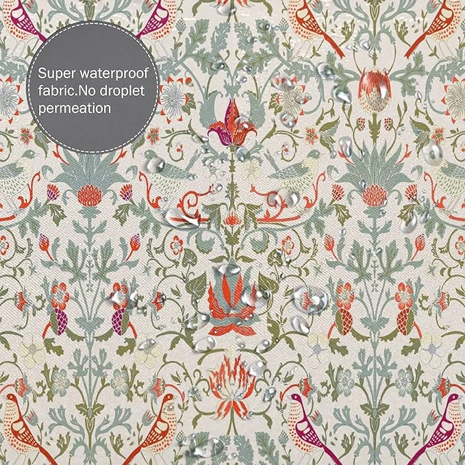Bohemia William Morris Art Fabric Shower Curtain,Abstract Retro Mid Century Boho Floral Bird Hotel Quality,Machine Washable,72L x66W for Bathroom.
