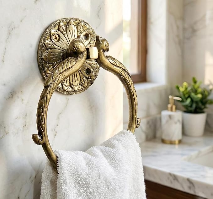 7.5" Inches - Brass Hand Towel Hanger Holder | Hand Towel Hanger Holder | Towel Holder for Bathroom in Twin Peacock Design