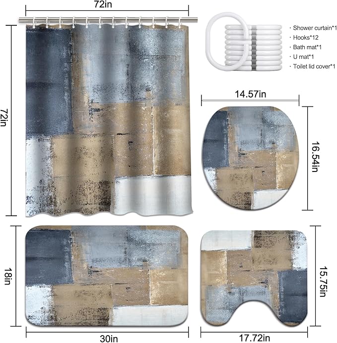 Lnond 4Pcs Bathroom Shower Curtain Sets with Rugs,Brown and Blue Painting Art Bathroom Sets with Shower Curtain and Rugs and Accessories
