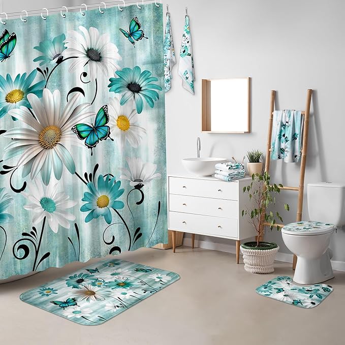 FuWeave 8 Pcs Rustic Farmhouse Shower Curtain Sets for Bathroom Daisy Floral and Butterfly Shower Curtain Sets with Rugs, Flowers Towels, Non-Slip Rug, Toilet Lid Cover, Bath Mat and 12 Hooks(Teal)