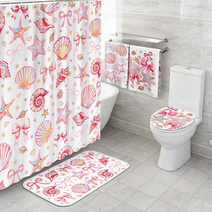 Tatuo 8 Pcs Beach Shower Curtain Set Blue Bow Ocean Summer Beach Party Bathroom Accessories Sets Coquette Starfish Coastal Waterproof Shower Curtain with Towels Carpet Bath Mat Toilet Rugs 12 Hooks
